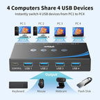 eKL USB 3.0 Switch 4 Computers Sharing USB Peripherals, 4 Port USB Switcher Sharing Mouse Keyboard Scanner Printer, with 3.5mm Headset Jack Audio Out, Includes 4 USB 3.0 Cables and Remote