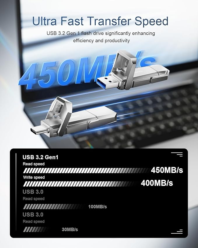 64GB USB C Flash Drive Up to 450MB/s USB 3.2 Solid State Thumb Drive Type-A + Type-C 2-in-1 Flash Drive Memory Stick Data Storage Compatible with iPhone 16 Android Phone Tablet Game Console