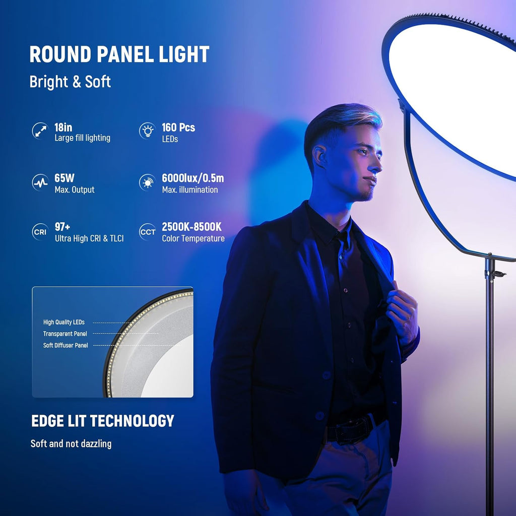 NEEWER 18" RGB LED Round Panel Video Light with APP Control, 65W 6000Lux/0.5m 2500K-8500K RGBCW Photography Studio Lighting /18 Scenes/V Battery Powered for Outdoor Filming Recording Streaming, GR18C