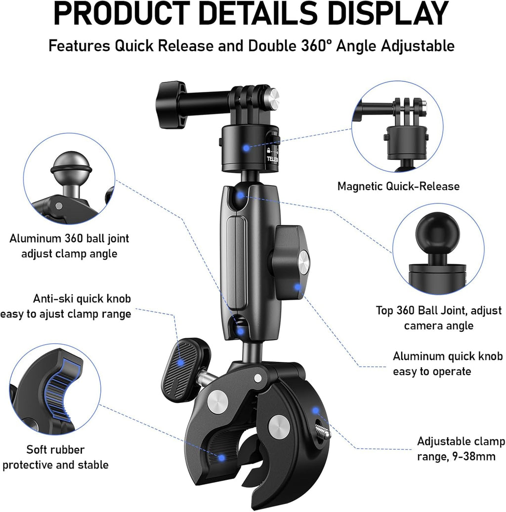 TELESIN° S2 Quick Release Clamp Bike Mount Motorcycle Handlebar Holder, Roll Bar Tube Clip Mounting Accessories for GoPro13 12 11 10 9 8 7 Go Pro Max Insta360 X3 X4 X5 Ace Pro DJI Action 3 4 Pocket 3