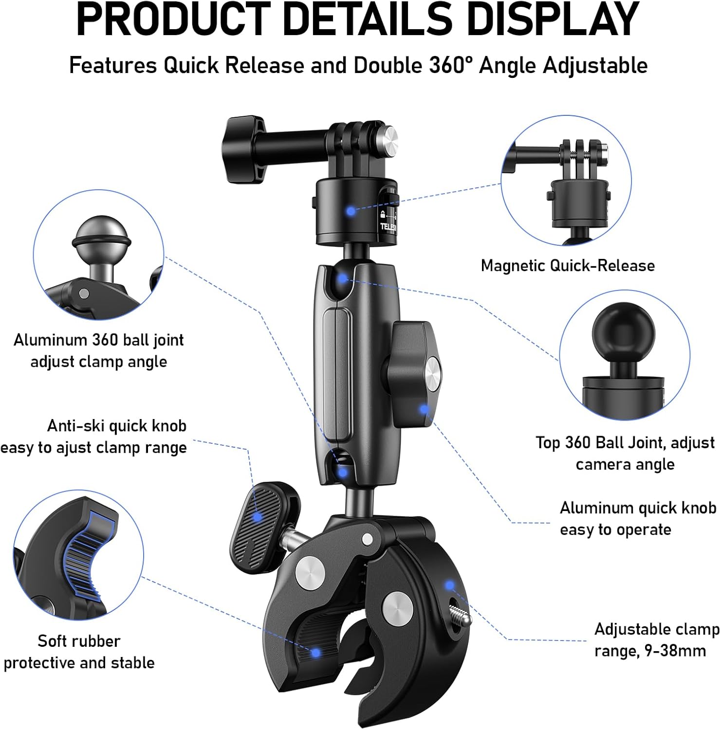 TELESIN° S2 Quick Release Clamp Bike Mount Motorcycle Handlebar Holder, Roll Bar Tube Clip Mounting Accessories for GoPro13 12 11 10 9 8 7 Go Pro Max Insta360 X3 X4 X5 Ace Pro DJI Action 3 4 Pocket 3