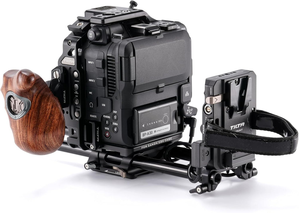 Tilta Camera Cage Compatible with Canon C80 Pro Kit - V Mount | Includes Tilta Universal 15mm LWS Baseplate, Wooden Handle, Battery Plate & More | NATO, Cold Shoe, 1/4"-20 & 3/8"-16 Threads