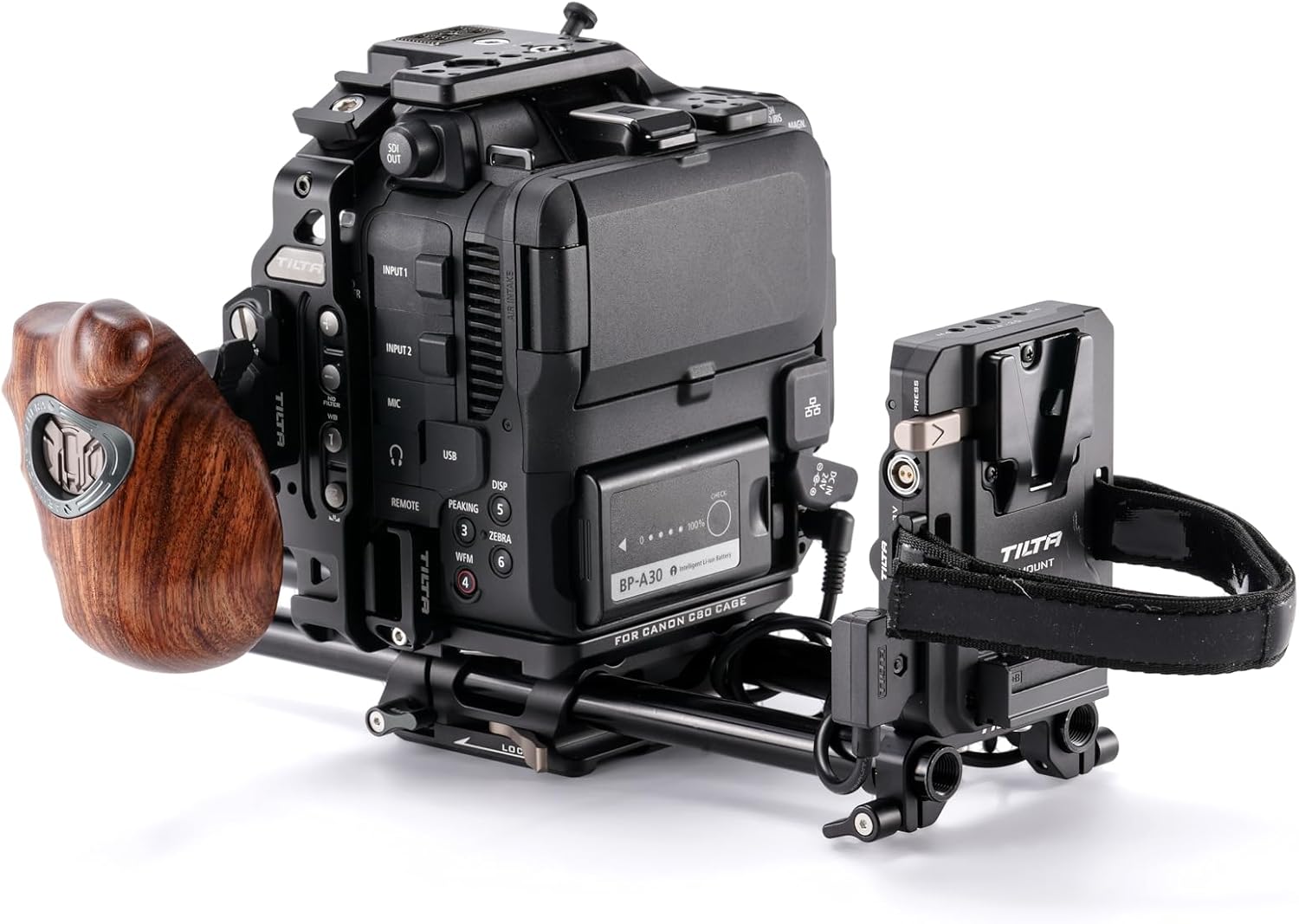 Tilta Camera Cage Compatible with Canon C80 Pro Kit - V Mount | Includes Tilta Universal 15mm LWS Baseplate, Wooden Handle, Battery Plate & More | NATO, Cold Shoe, 1/4"-20 & 3/8"-16 Threads