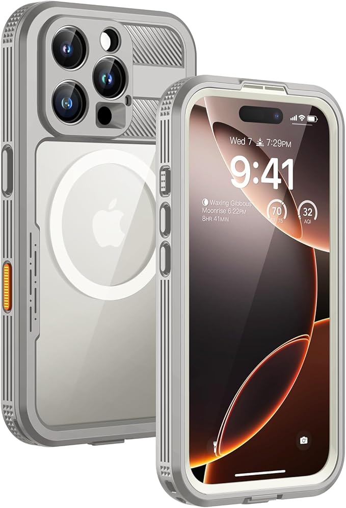 Lanhiem Magnetic for iPhone 16 Pro Max Case, IP68 Waterproof Dustproof Case, [Compatible with Magsafe] [Built-in Screen Protector] Full Body Heavy Duty Rugged Phone Cover 6.9 inch, Natural