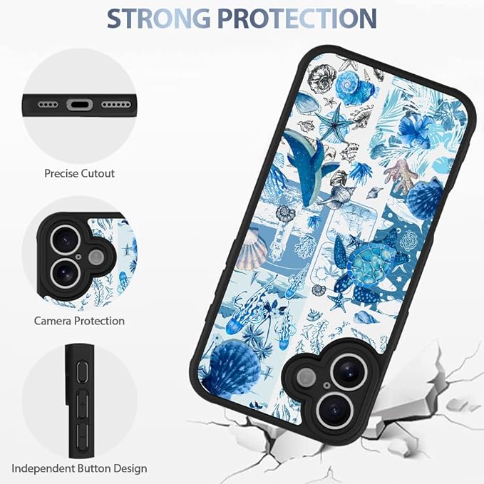 AIGOMARA Case for iPhone 16 Plus [Compatible with MagSafe] Blue Turtle Shell Ocean Collage Pattern Design for Women Girls Men Soft TPU Bumper Hack PC Back Shockproof Protective Slim Magnetic Cover