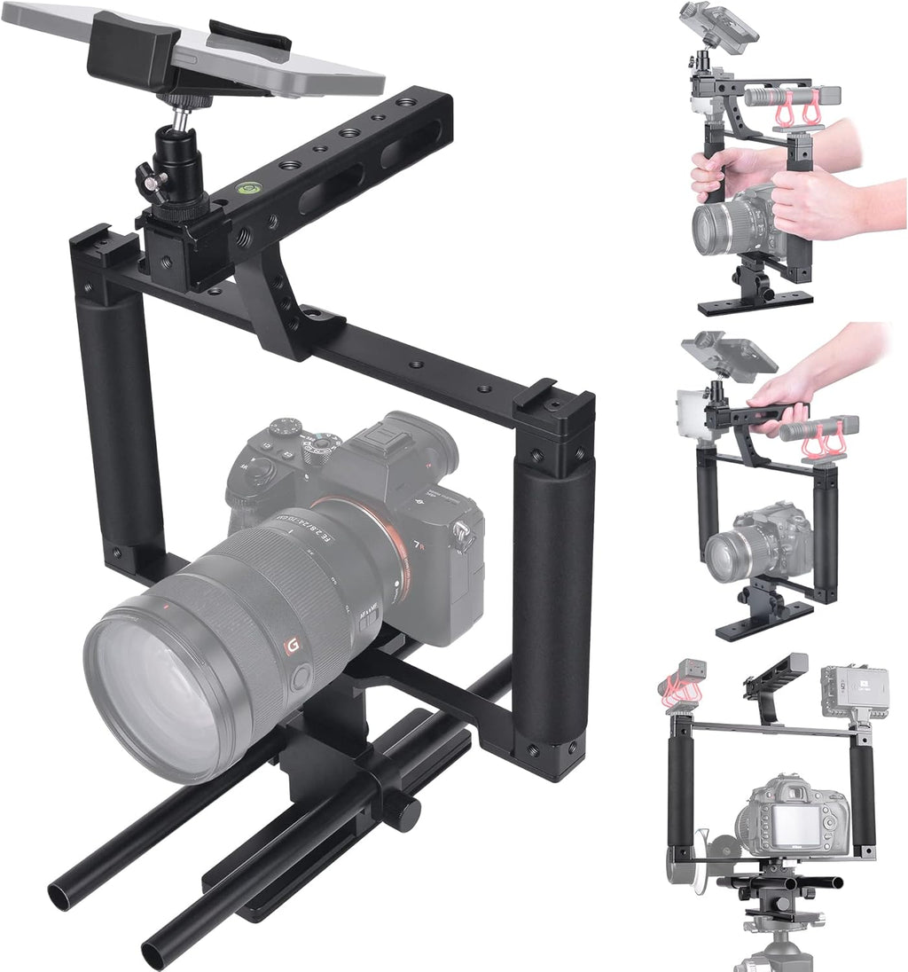 Universal Aluminum Alloy DSLR Mirrorless Camera Camcorder Stabilizer Extension Cage Mount for Mic Monitor Light, Movie Making Rig YouTube Tiktok Vlogging Video Kit w/Phone Holder for Canon Sony Nikon