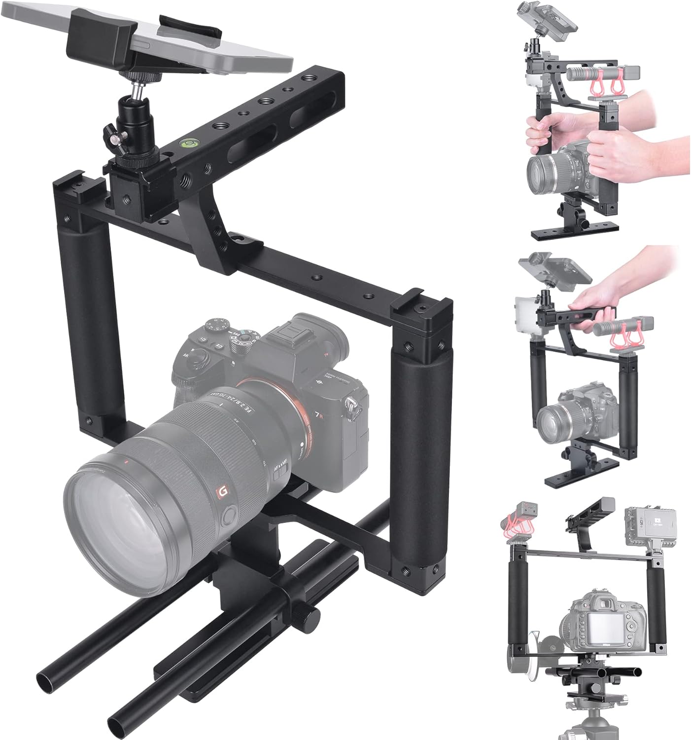 Universal Aluminum Alloy DSLR Mirrorless Camera Camcorder Stabilizer Extension Cage Mount for Mic Monitor Light, Movie Making Rig YouTube Tiktok Vlogging Video Kit w/Phone Holder for Canon Sony Nikon