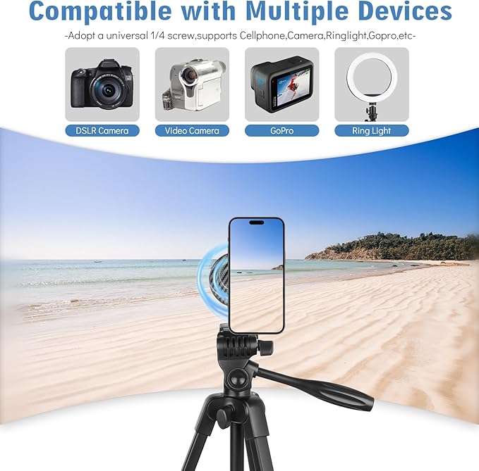 55" Phone Tripod, PHOPIK Aluminum Extendable Tripod Stand with Shutter, Carrying Bag, Compatible with iPhone/Android/Sport Camera&Insta 360 x5 Perfect for Video Recording/Selfies/Live Stream/Vlogging