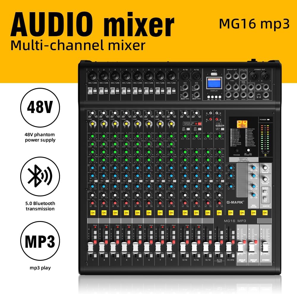 Audio Mixer Bluetooth G-MARK Professional Mixer Usb Interface Sound Board Console System 16 Channel Digital MP3 Computer Input 48V Phantom Power Stereo DJ 24-Bit SPX Effects Mixing Console