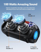 100W Bluetooth Speaker, Outdoor Wireless Boombox with Powerful Bass, RGB Lights, IPX7 Waterproof|30H Playtime|USB-C|TWS|AUX, Portable for Party, Camping, Pool, Beach, Backyard-Black