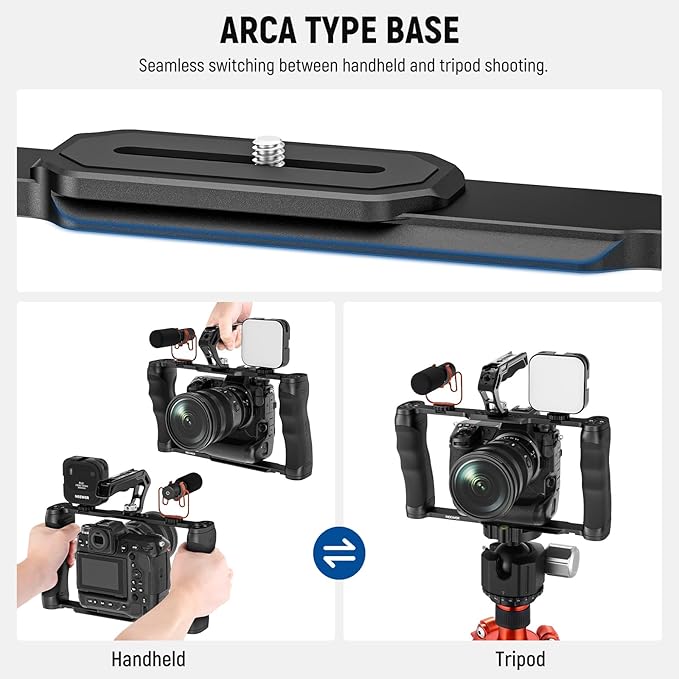 NEEWER Universal Camera Cage & Top Handle with 3/8" ARRI Locating Pins Kit, Video Rig Camera Stabilizer with Arca Type Base, Dual Handgrips, Compatible with SmallRig Accessories, CA016T