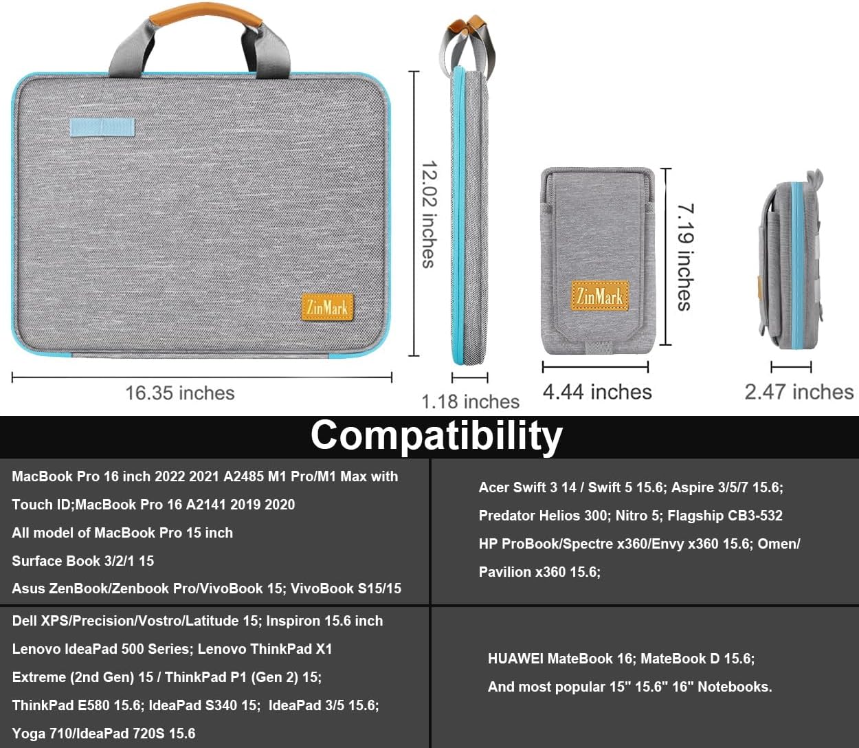 Laptop Case 15.6 Inch Briefcase Military-Grade Protection with Detachable Belt Bag, Compatible All Model of 15-16 Inch MacBook Pro and Most Popular 15.6 Inch Notebooks Chromebooks (Gray&Blue)