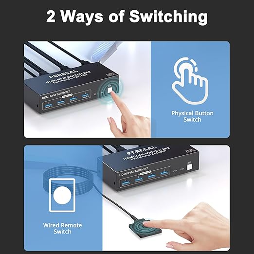 Dual Monitor HDMI KVM Switch, 2 Computers 4K60Hz Dual Monitor KVM Switches for Dual PC or Laptops,4 USB 3.0 Ports Support Extended/Copy Mode with DC 12V Adapter&Wired Controller