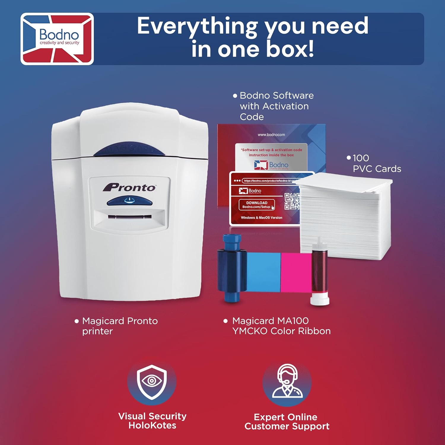 Bodno Magicard Pronto ID Card Printer & Complete Supplies Package ID Software - Bronze Edition