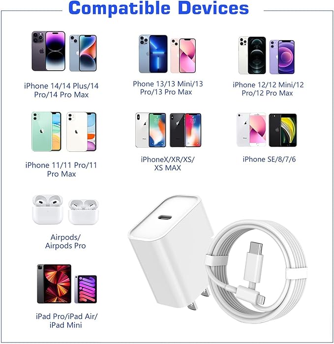 10FT iPhone Fast Charger,[Apple MFi Certified]10Foot Extra Long USB C to Lightning Cable PD Fast Charger iPhone Block Cubes Adapter Quick Charging for iPhone14 Pro Max/14 Plus/13 Pro/Mini/12/11/X,iPad