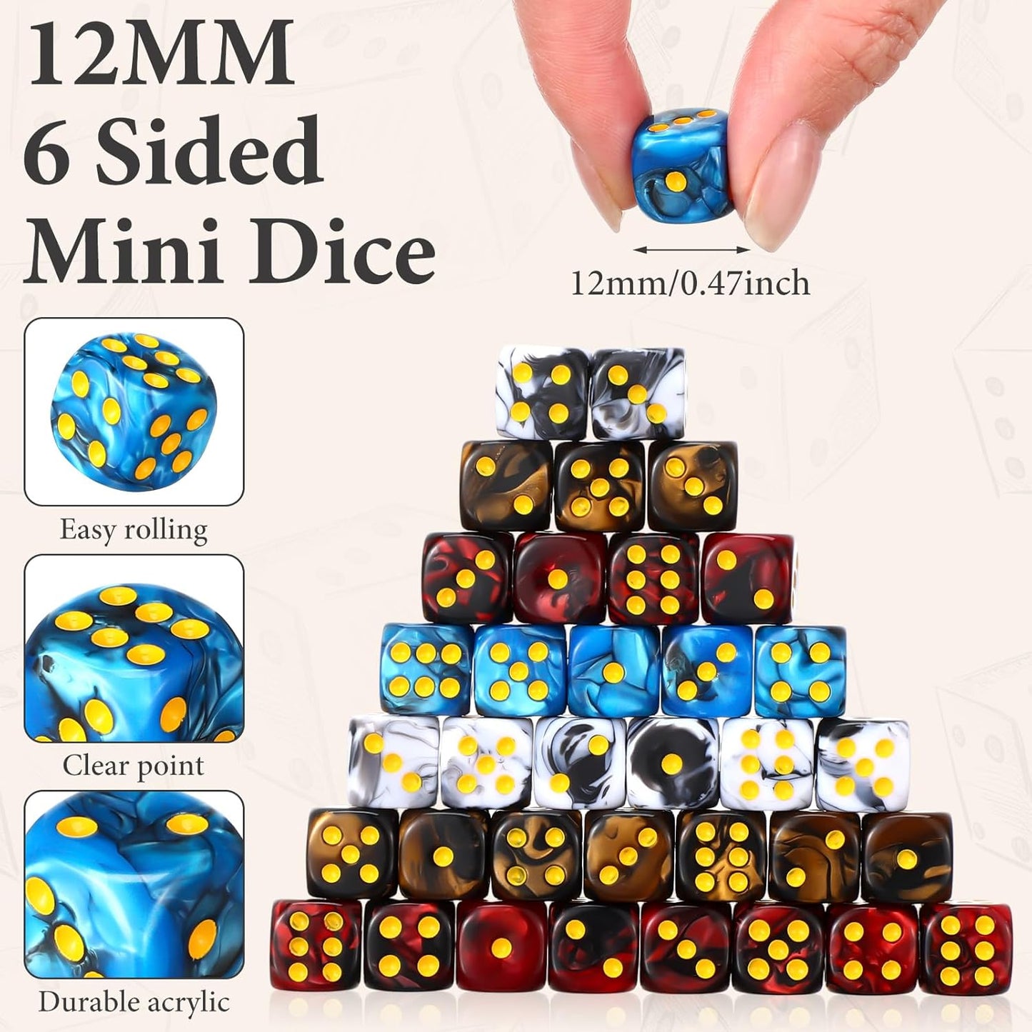 144 Pieces 12mm 6 Sided Mini Dice Set for School Classroom Table Games D6 Game Standard Dice with Portable Plastic Box for Teaching Math Learning