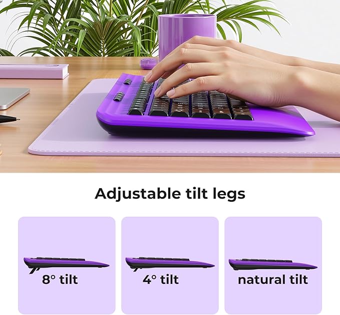 Wireless Keyboard and Mouse Set with Quiet Keys, 2.4G Full Size Purple Keyboard and Mouse with Wrist Rest, Protective Covers, Soft Touch Silent Design for Windows, Computer, PC and Laptop
