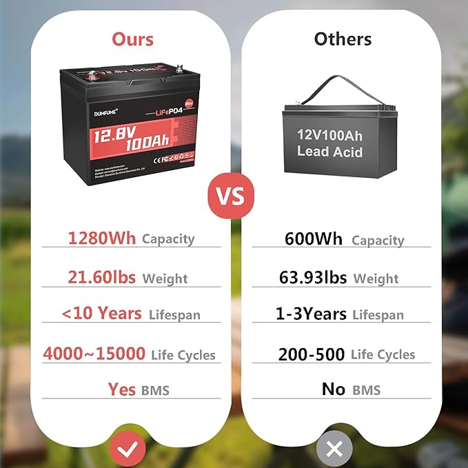 12V 100Ah Mini LiFePO4 Lithium Battery, Built-in 100A BMS,1280Wh Deep Cycle Rechargeable Battery 6000+ Cycles 10-Year Lifespan for RV, Solar, Marine and Home Energy Storage