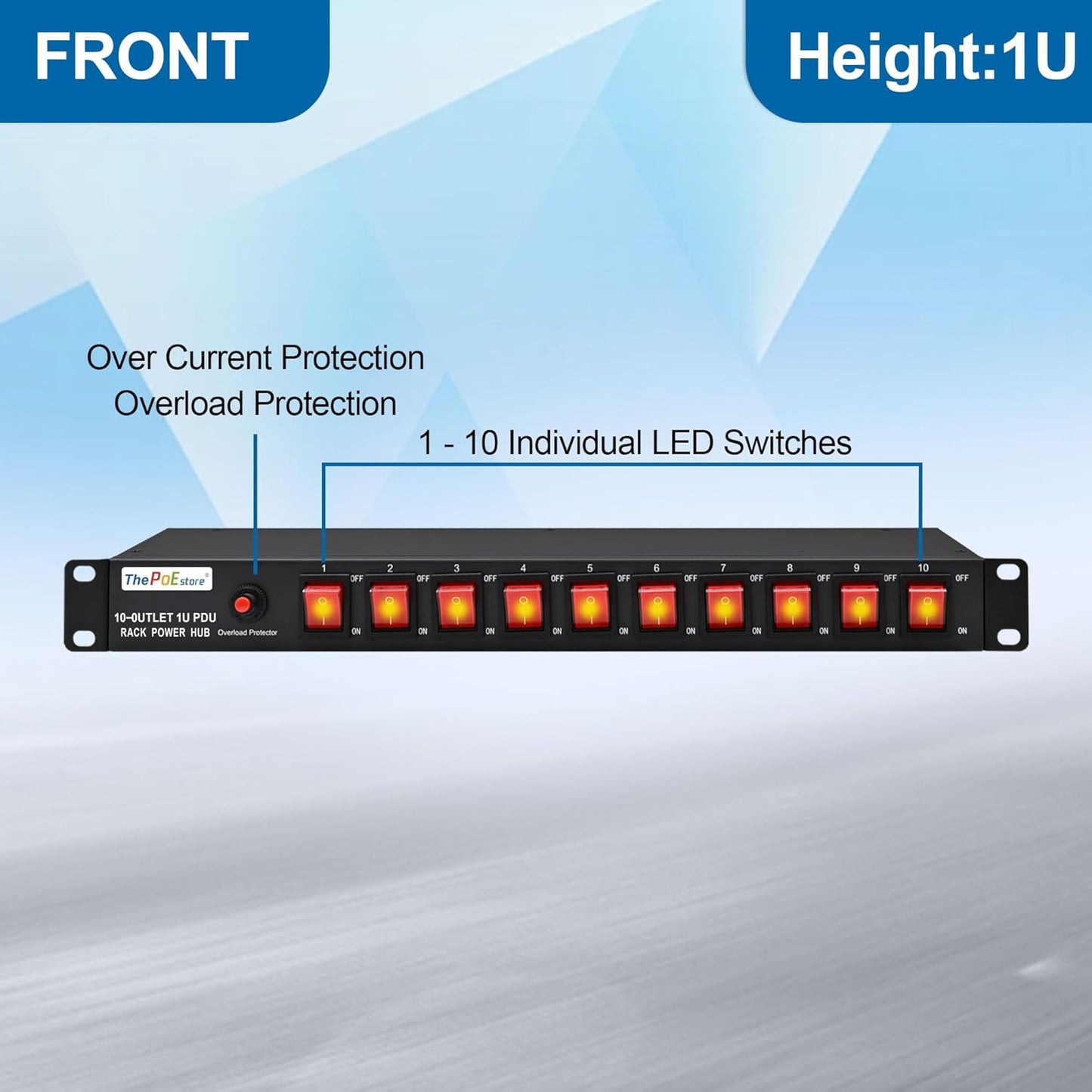 10 Outlet Horizontal 1U PDU Rack Mount Power Strip - Surge Protection,10 Individual Led Switches，AC 100V-240V-15A.for Network Server Racks, 6 ft Heavy Power Cord, ETL Listed