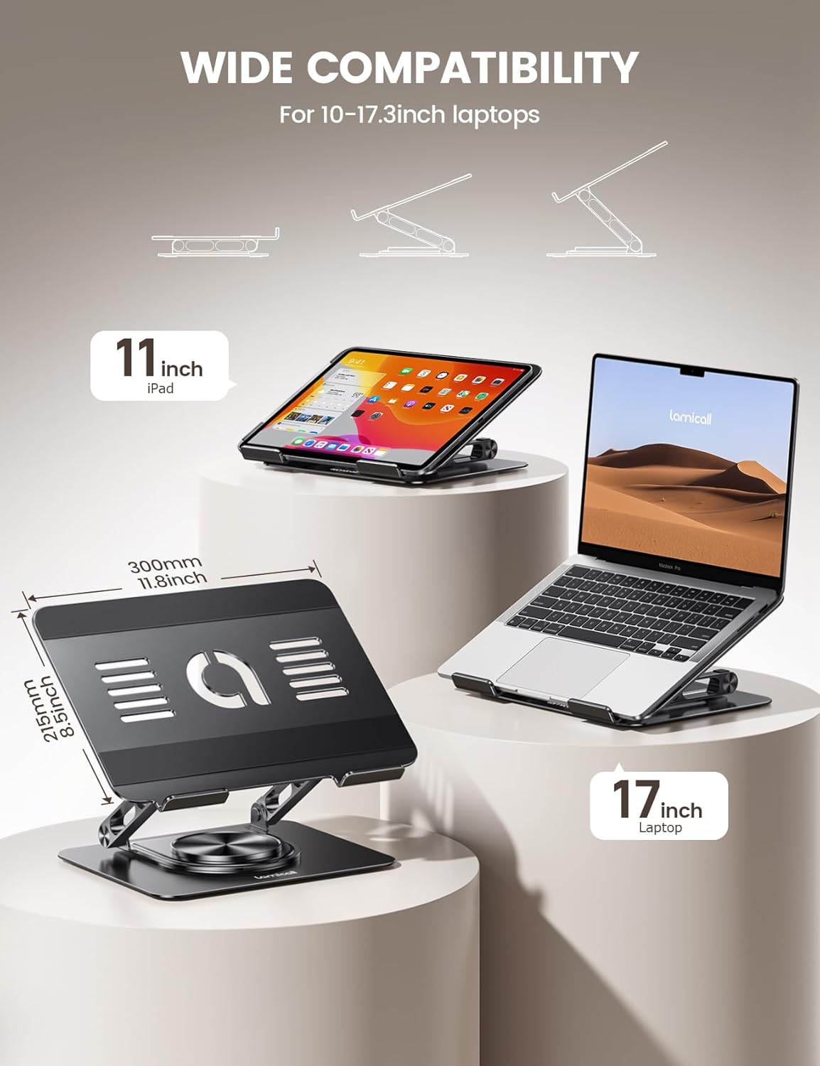 Lamicall Adjustable Laptop Stand for Desk - 360 Rotating Base Ergonomic Computer Stand, Aluminum Laptop Riser Foldable Protable for Office Home fits MacBook Air Pro, Dell, HP (10-17.3'') - Black