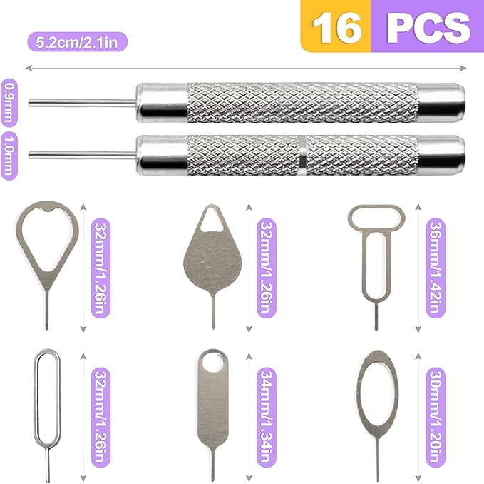 16 Pack SIM Card Ejector Tool Kit, Phone Tray Opener Pin for Easy Removal, Standard Key for Most Cell Phones, Tablets and Other Mobile Devices