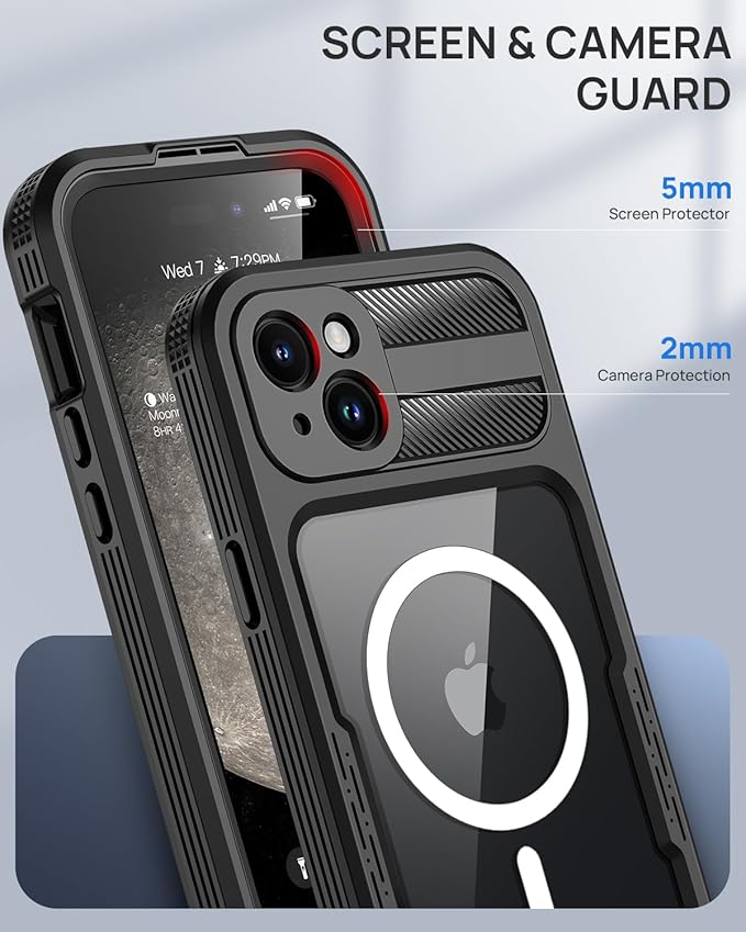 Lanhiem Magnetic for iPhone 15 Plus Case, IP68 Waterproof Dustproof Case, [Compatible with Magsafe] [Built-in Screen Protector] Full Body Heavy Duty Rugged Phone Cover 6.7 inch, Black/Clear