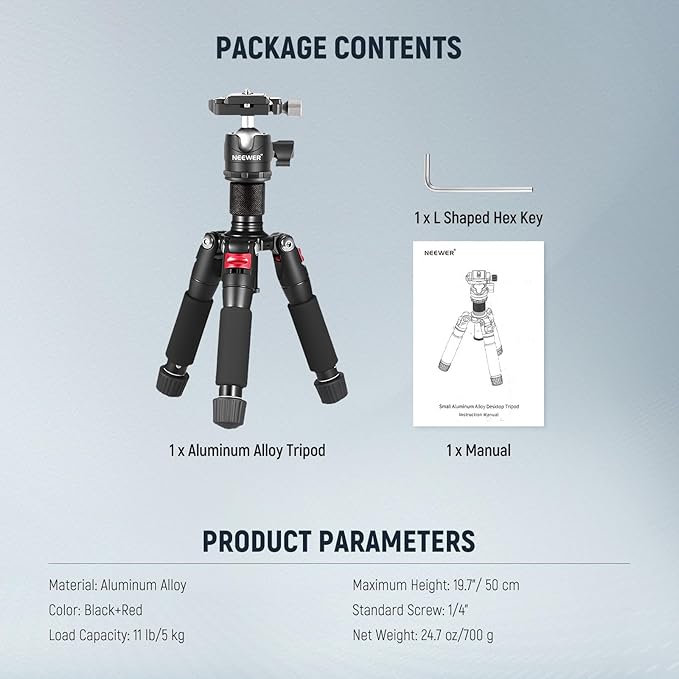 NEEWER Portable Desktop Mini Tripod Aluminum Alloy 20''/ 50cm Desk Tripod with 360 Degree Ball Head, 1/4 inch Quick Shoe Plate for DSLR Camera Video Camcorder, Load up to 11 pounds/5 kilograms