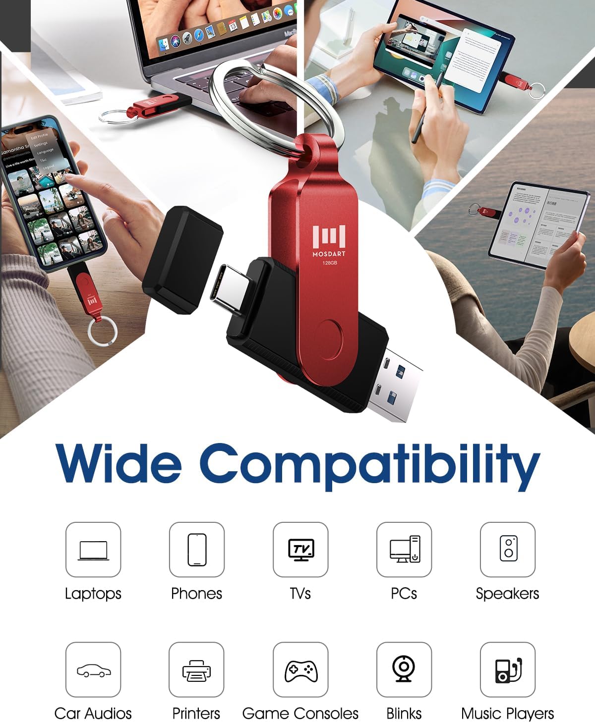 MOSDART 128GB USB3.1 Fast Speed C and A Dual Flash Drive, exFAT Memory Stick with Keychain and LED Indicator, for iPhone 15 and 16, Android Phone, iPad, MacBook, and Other Laptops, Red