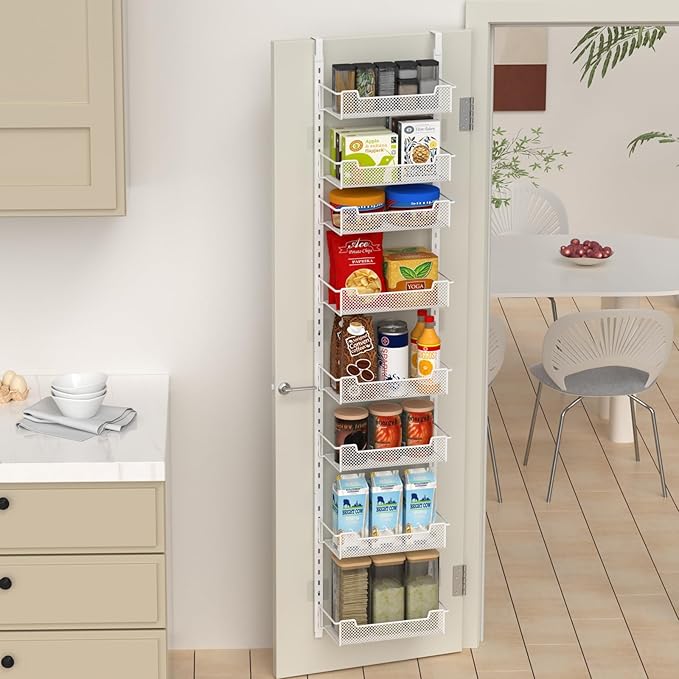 12.3" W Narrow Over the Door Pantry Organizer, 8-Tier Over the Door Organizer with Adjustable Basket, Pantry Door Organization for Pantry Kitchen Storage Room Spice Rack, White
