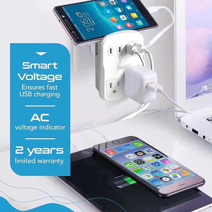 Ceptics World Travel Adapter Kit 2 USB-A, USB-C US Outlets, 20W/QC 18W Power Delivery, Surge Protection, SWADAPT Compatible for Europe, UK, China, Australia, Japan Perfect Laptop (WPS-5B)