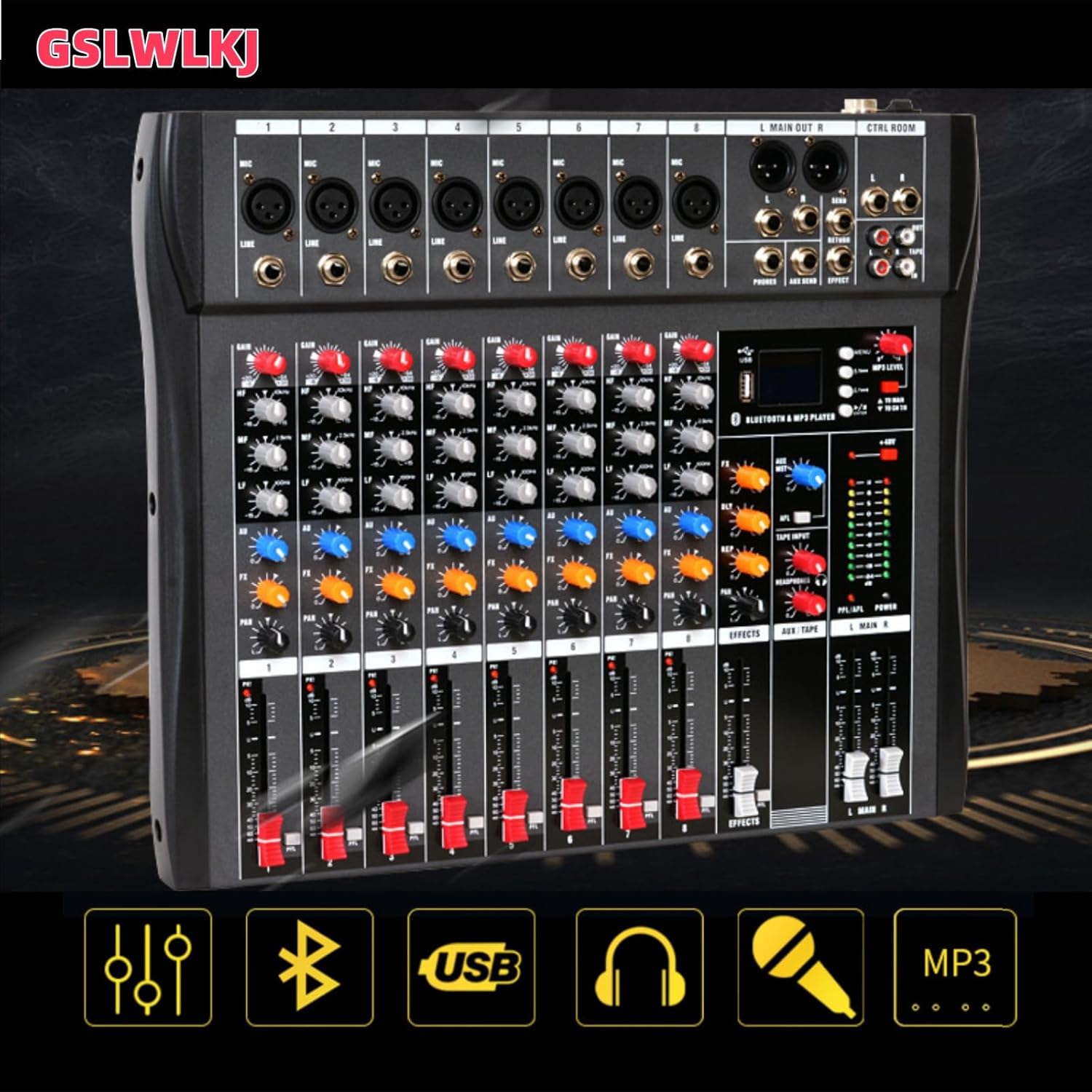 8 Channel Professional Digital Mixer Sound Board Console Bluetooth Live Studio Audio Mixer Power Mixing USB (110V-220V)
