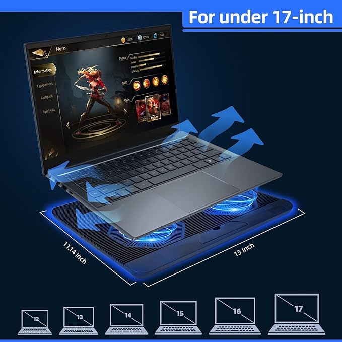 Laptop Cooling Pad, Mspine Laptop Cooler with 3 Blue Silent Fans, Ergonomic USB Powered Laptop Stand with Dual USB 2.0 Ports, Height-Adjustable Notebook Cooler for Notebook Under 17"- Black