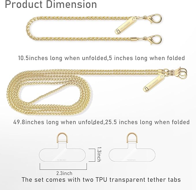 Metal Phone Chain, Crossbody Detachable Phone Lanyard with 1*Wrist Strap & 2* Tether Tabs for iPhone and Smartphones (Gold,Extend)