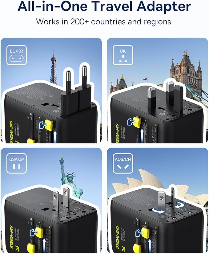 Baseus 70W Universal Travel Adapter with Retractable Cable, 6-in-1 International Plug Adapter, USB-C PD Fast Charging Worldwide Wall Charger for USA/EU/UK/AUS and Over 200 Countries - Enercore CG11
