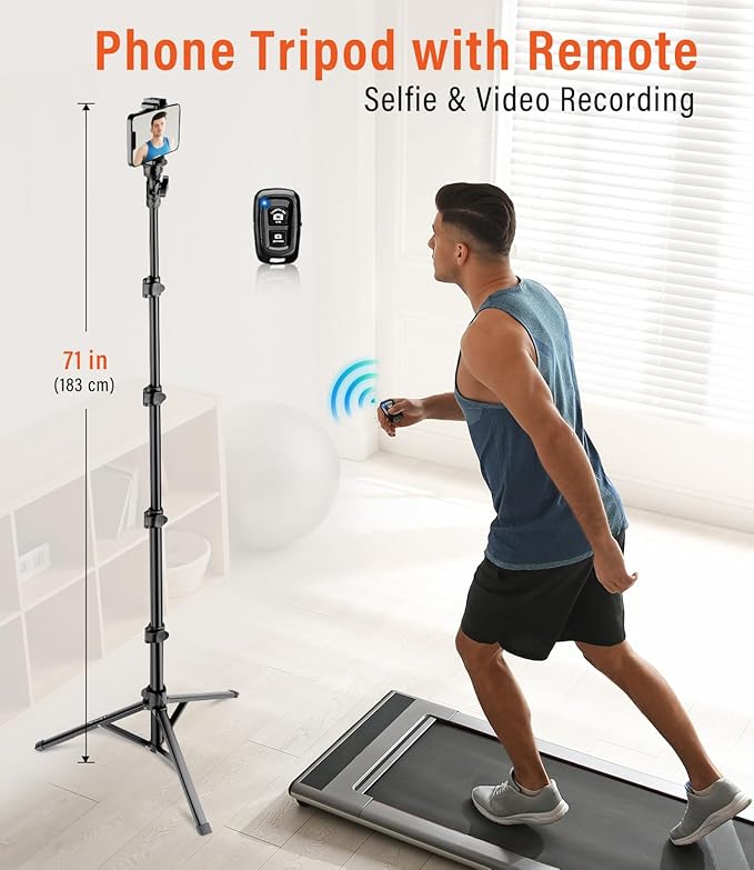 Phone Tripod, 86" Tall Tripod Stand with Gooseneck, Remote and Phone Holder, Suitable for Recording Fitness Vlog Watching Cooking, Compatible with Smartphone, Camera