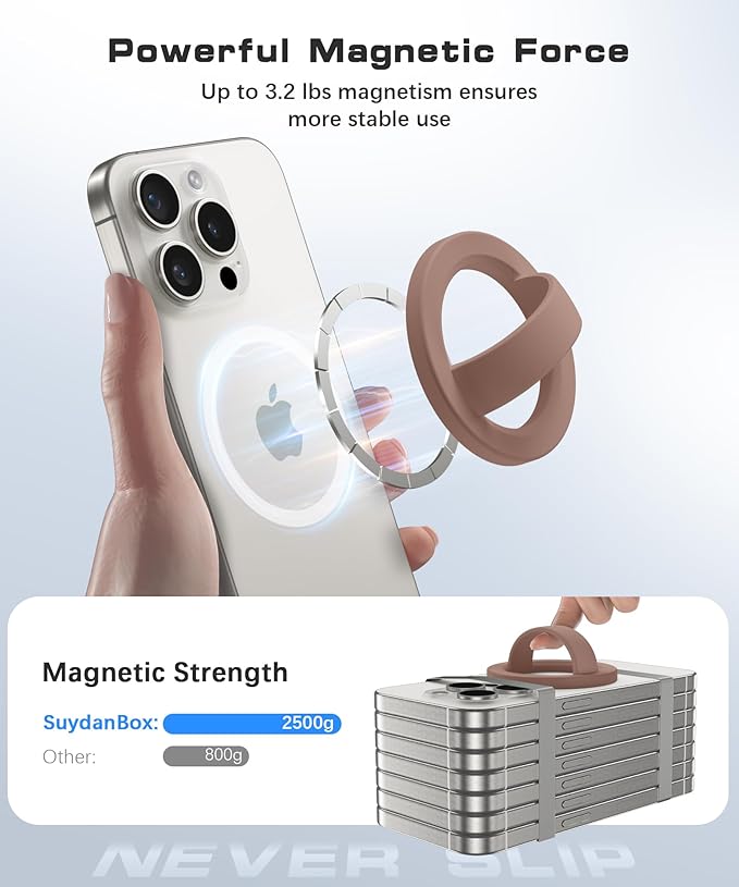 Magnetic Phone Grip, Removable Loop Grip with Soft Finger Strap, Silicone Phone Ring Holder for Back of Phone for iPhone 16/15/14/13/12 Pro Max/Plus, Brown