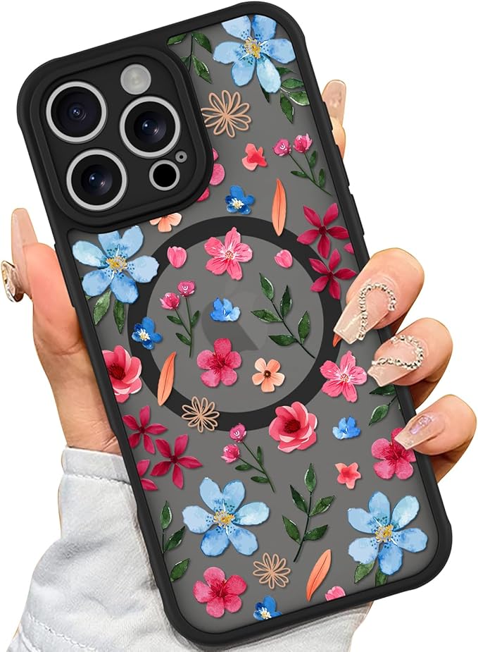 AIGOMARA Magnetic Case for iPhone 16 Pro [Compatible with MagSafe] Cute Pink Blue Flower Floral Pattern Soft TPU Bumper Hard PC Back Anti-Fall Shockproof Protective Slim Cover for Women Girls