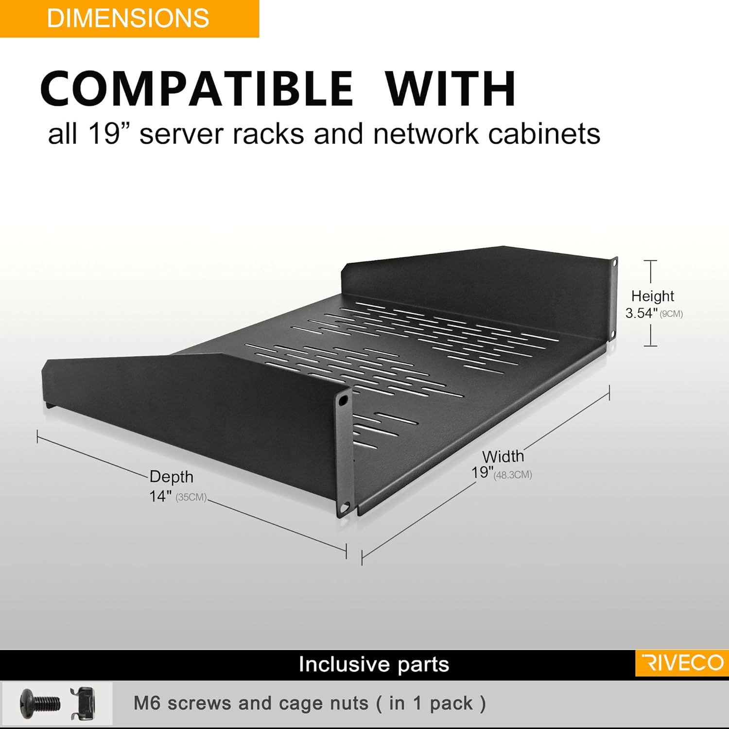 RIVECO 2 PCS 2U Rack Shelves 14 Inch Depth, Rack Mount Vented Cantilevers for Server 19" Server Racks & Network Cabinets Black