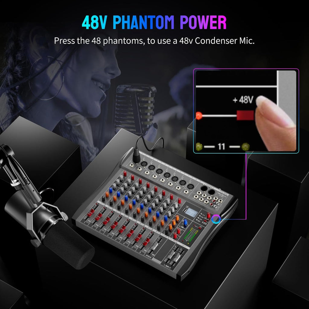 Professional DJ Audio Mixer - 8 Channel DJ Bluetooth Controller Sound Mixer w/DSP 16 Preset Effects, USB Interface, 8 XLR Mic/Line Input, AUX, FX Processor MP3 Player, Headphone Jack