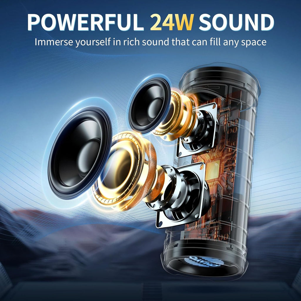 OHAYO Portable Bluetooth Speaker - IPX7 Waterproof, Wireless Stereo Pairing, 25-Hour Playtime, 24W Loud Sound, Bluetooth 5.3, Bass Boost, LED Lights, for Home/Shower/Outdoor/Beach/Travel, Gift Ideas