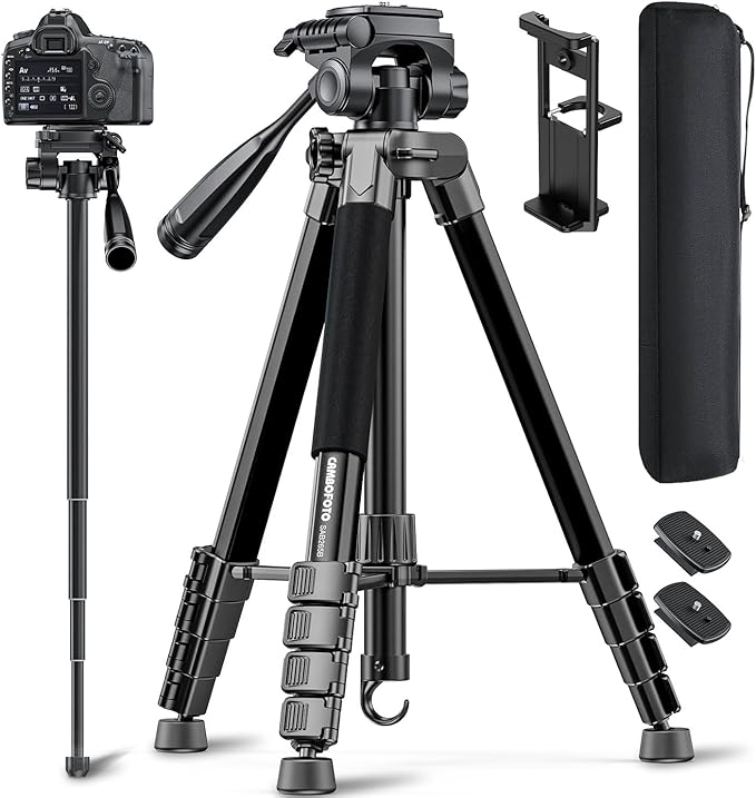 73" Camera Tripod and Monopod, Professional Aluminum Tripod Stand for Mirrorless Camera/DSLR/Cell Phone/Camcorder/GoPro, with Phone Holder and Travel Bag (Black)
