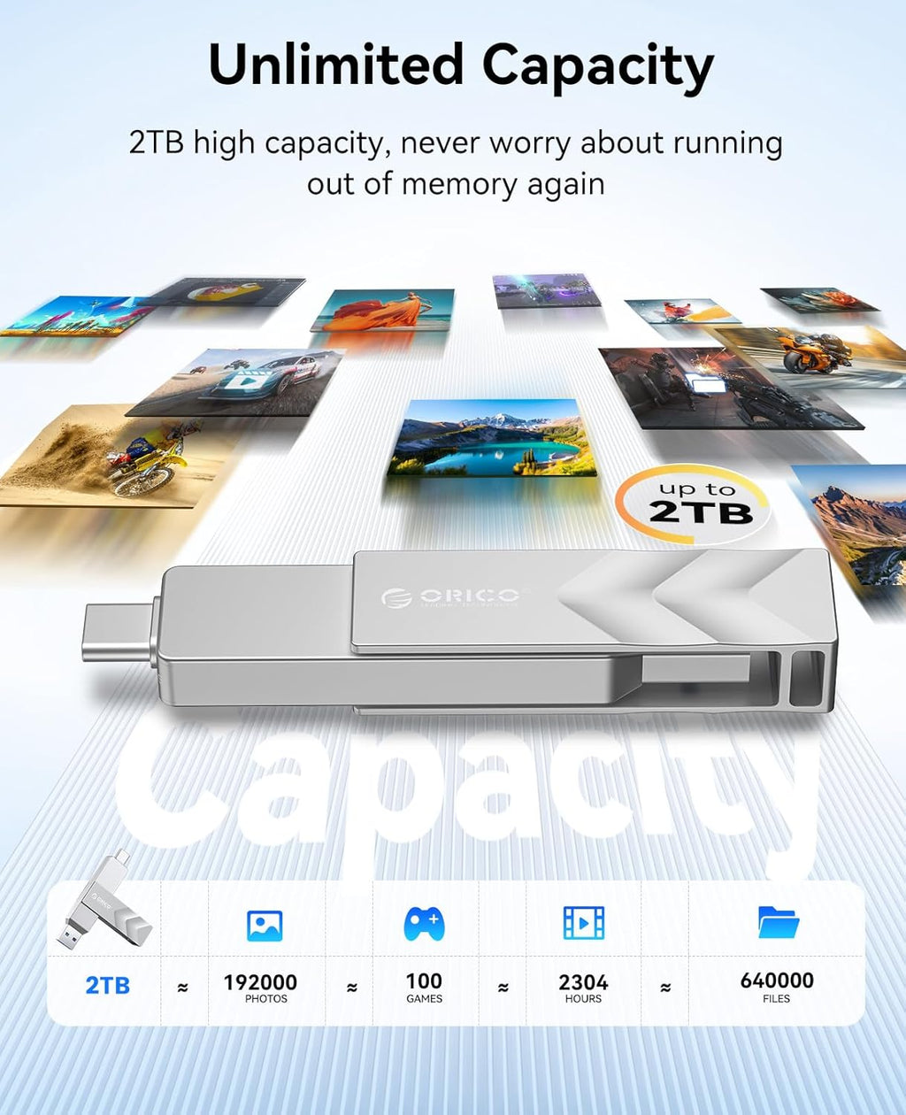 ORICO 2TB Portable Solid State Drive, 1050MB/s Dual-Port Rotating Metal External SSD with 90° Click-Stop, Reliable Storage for iPhone 16, 15 Series, Type-C Smartphone, Mac, Audio, Vehicle - A101