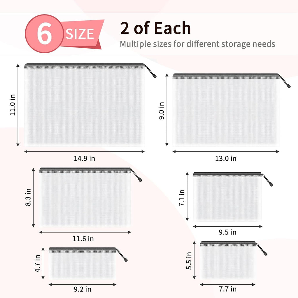 Umriox Zipper Bags, 6 Assorted Size (Black, 12 Packs), Project Bags for Cross Stitch, Mesh Zipper Pouch for Office Supplies Travel Accessories and Board Games Storage