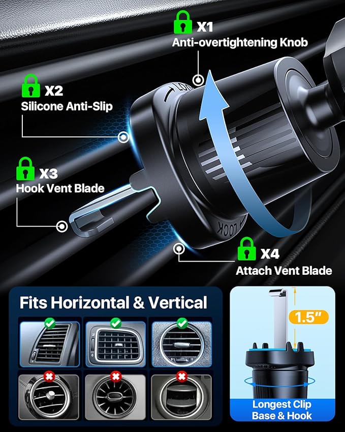 YRU Car Phone Holder [2025 Upgraded Metal Hook Clip], Phone Holders for Your Car [No Fear of Bumps] Air Vent Phone Mount Widely Compatible with iPhone16 15 14 13 Samsung Android Smartphones (Sapphire)