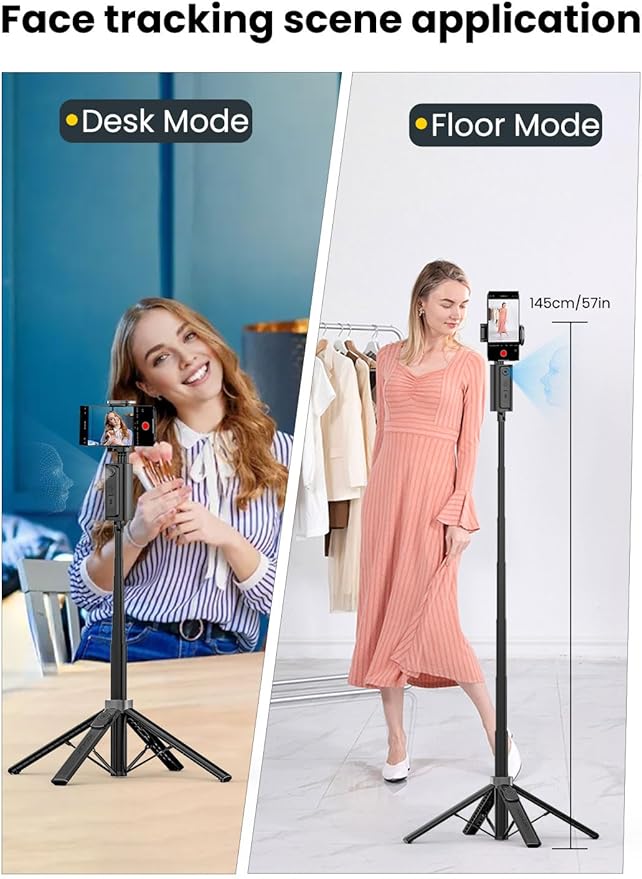 Auto Face TrackingTripod, w/Gesture Control for iPhone,Extendable Pole, 360° Rotating Selfie Stick,Wireless Remote,Video Recording 4-Leg Stable & Portable Tripod