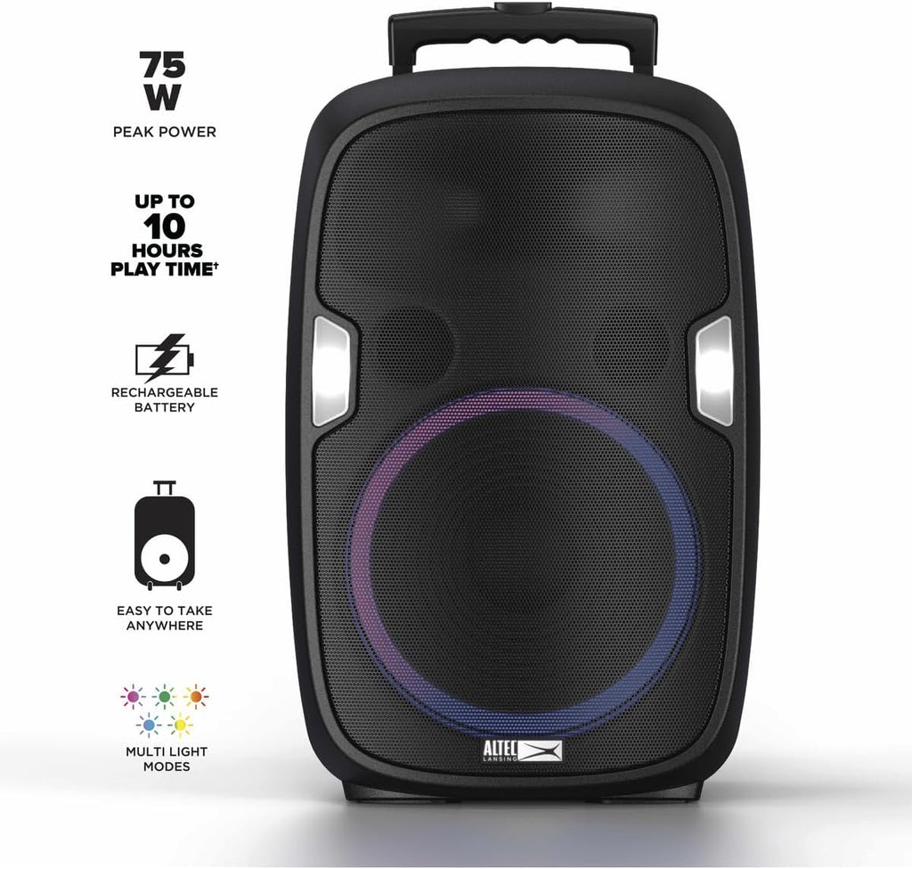 Altec Lansing SoundRover 75 Wireless Speaker 75W Bluetooth Speaker with a Long Lasting 10 Hour Battery, 50 Foot Range, Multi LED Party Modes, True Wireless Pairing, Bonus Microphone