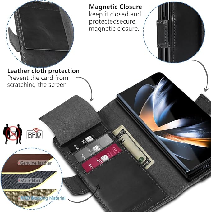 KEZiHOME for Samsung Galaxy Z Fold 6 Case, Genuine Leather Wallet Case [RFID Blocking] with Card Holder Kickstand Folio Protective Phone Cover Compatible with Galaxy Z Fold6 (Black)