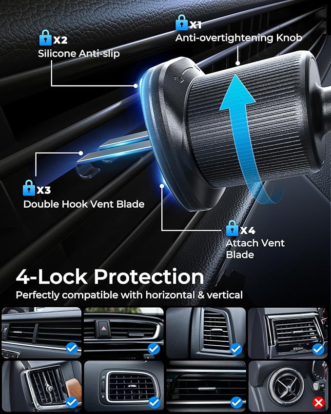 MRGLAS 2025 Upgraded Phone Holders for Your Car with New Metal Hook Clip, Handy Air Vent Cell Phone Car Mount [One Hand Operation], Universal Automobile Cradle for iPhone Android and All Smartphones