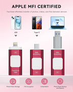 Apple MFi Certified 256GB Flash Drive for iPhone Thumb Drive Photo Stick, USB Memory Stick iPhone Flash Drive for Photos Videos, High Speed Jump Drive Compatible for iPhone/iPad/Android/PC (Red)
