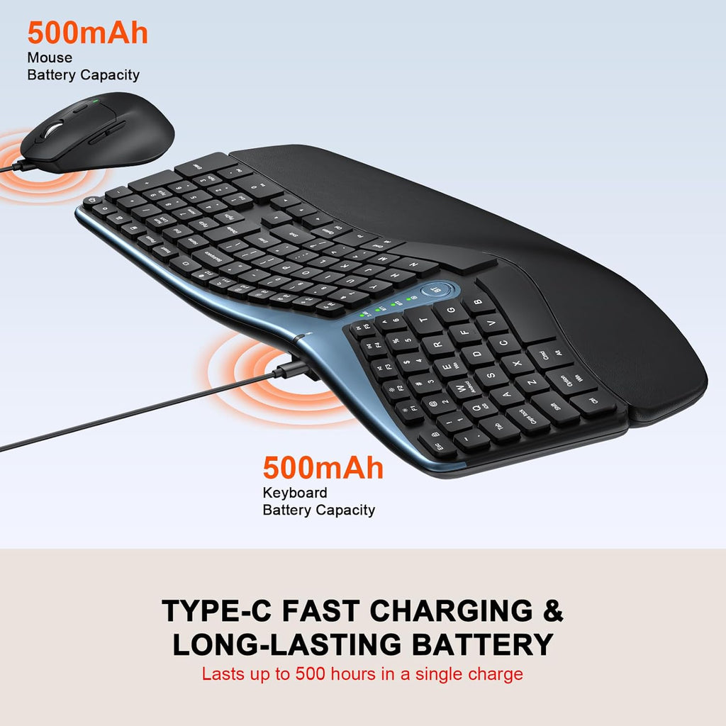 Ergonomic Wireless Keyboard Mouse Combo, MK835 Wave Keys Bluetooth/2.4G Split Design Ergo Keyboard with Cushioned Palm Rest, Multi-Device, Rechargeable, for Multi-OS, Windows/Mac/Android